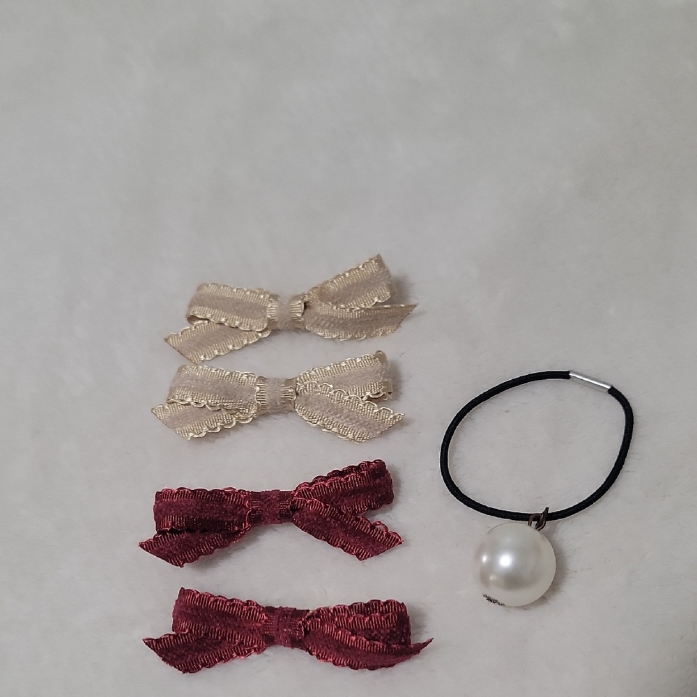 Set Elegant Golden Cream & Burgundy Red Hair Clips Hair Accessories Pearl Tie